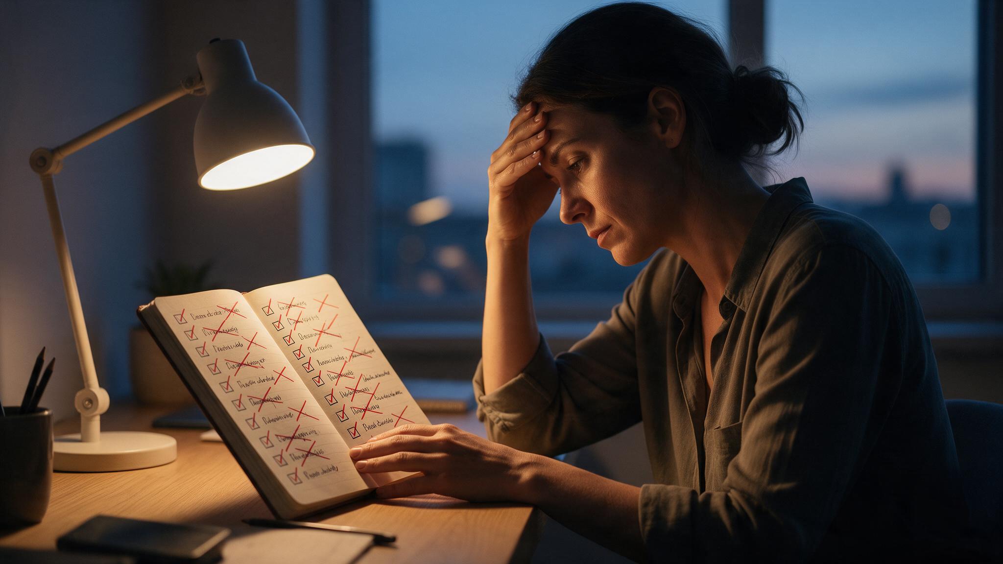 Mulher exausta à mesa de trabalho olhando para uma lista de tarefas totalmente riscada, representando produtividade sem burnout