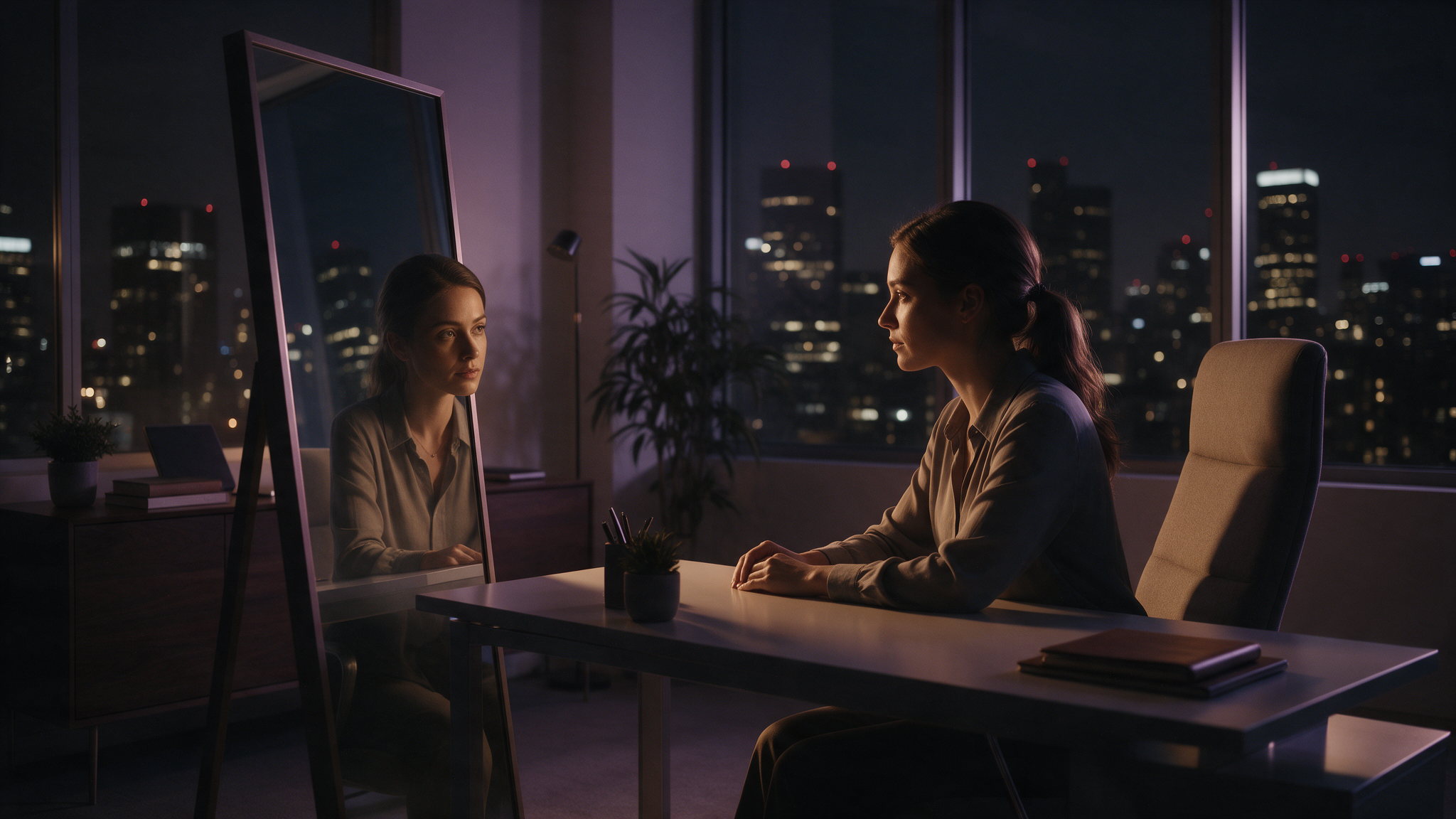 Mulher sentada em uma mesa de escritório à noite encarando seu próprio reflexo menor e hesitante em um espelho, representando a síndrome do impostor
