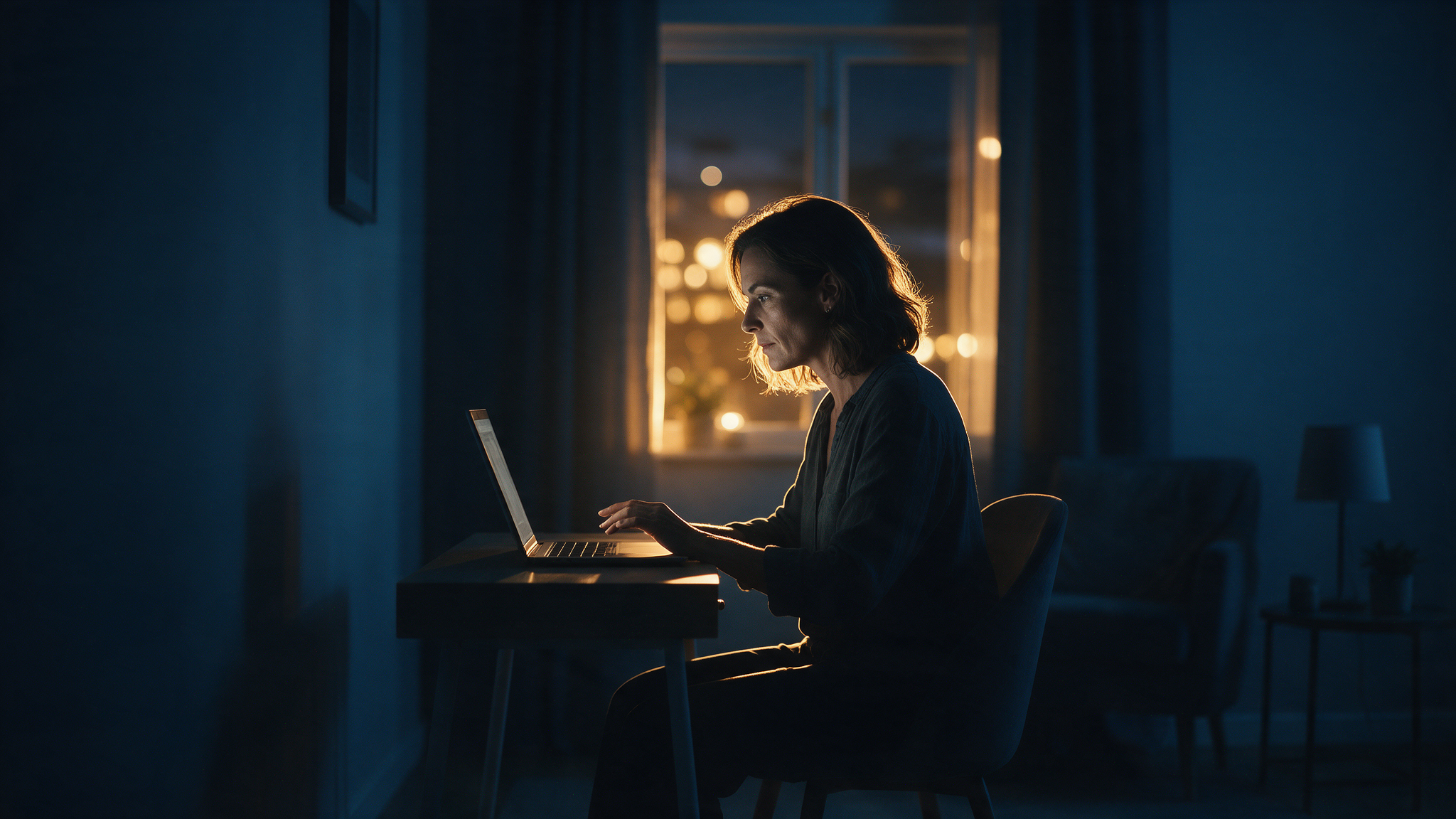 Mulher hesitando diante do notebook à noite, simbolizando o medo da transição de carreira
