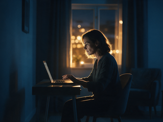 Mulher hesitando diante do notebook à noite, simbolizando o medo da transição de carreira