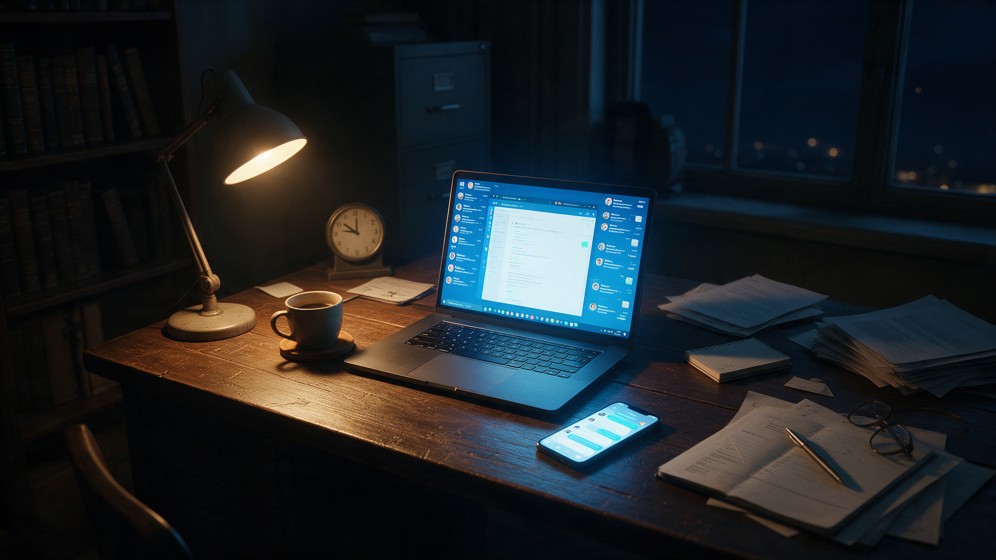 Mesa de trabalho à noite com notebook e celular iluminados por notificações, simbolizando a jornada de trabalho infinita
