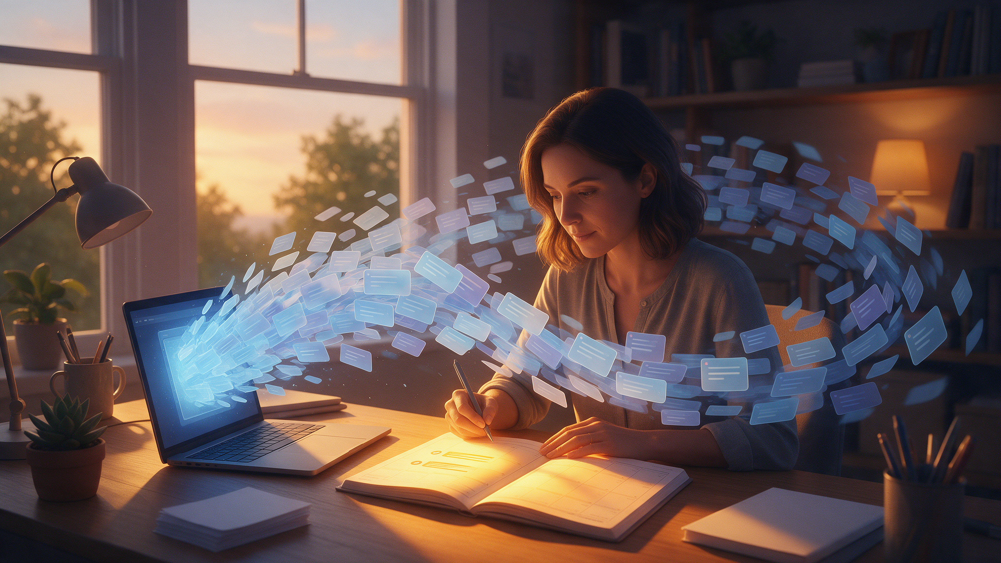 Sobrecarga de trabalho com IA: mulher à mesa com tarefas flutuando na tela do notebook e um planner de papel com apenas três prioridades destacadas