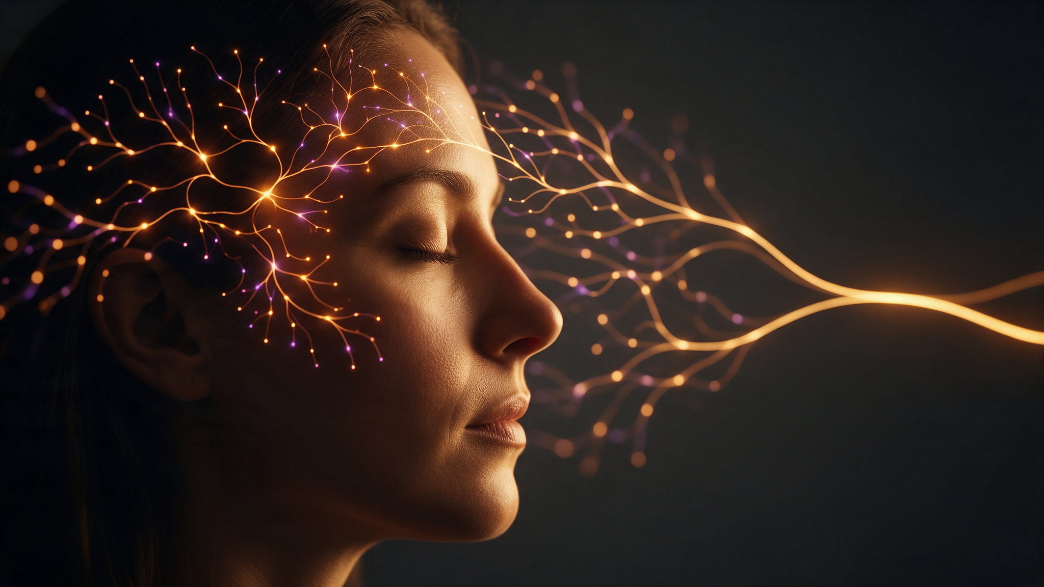 Mulher em perfil com padrão de rede neural iluminado, representando como o cérebro automatiza hábitos para liberar atenção na multitarefa