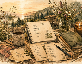 Illustrated journal, notebook and coffee overlooking a mountain lake at sunrise, ready to journal  slow living and connection