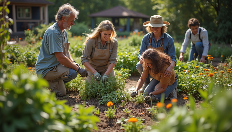 High angle view of a community garden with people tending plants together