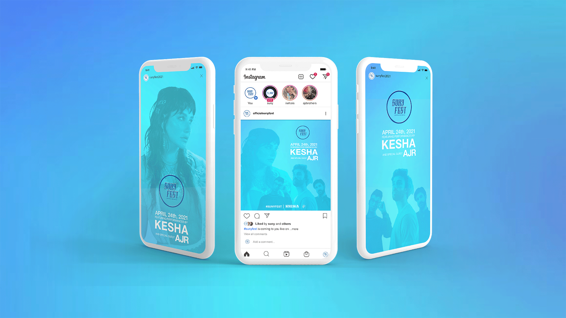 3 Iphones with images of instagram posts from SUNYFEST. Posts contain blue duotone images of Kesha and AJR, the main headliners of the music festival.