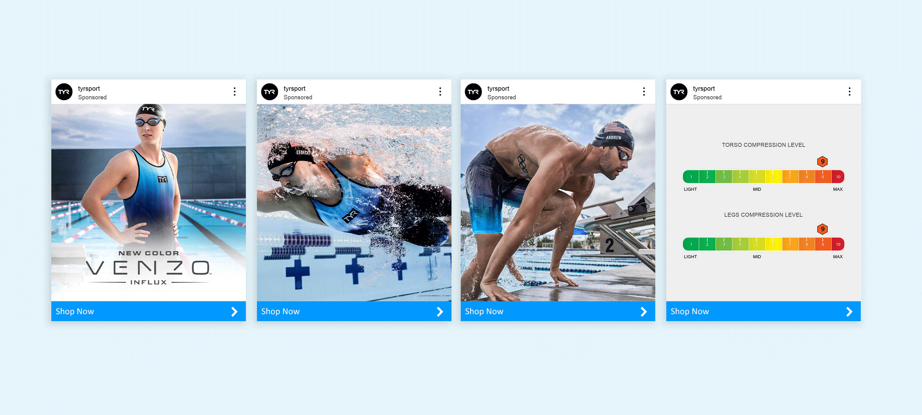 Instagram posts for TYR Sport's Venzo Influx and Avictor Exolon campaigns.