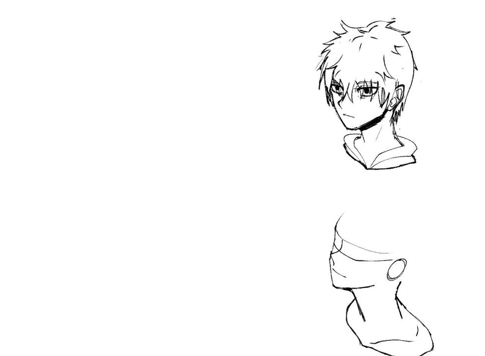 a black and white drawing of a person 's head and neck