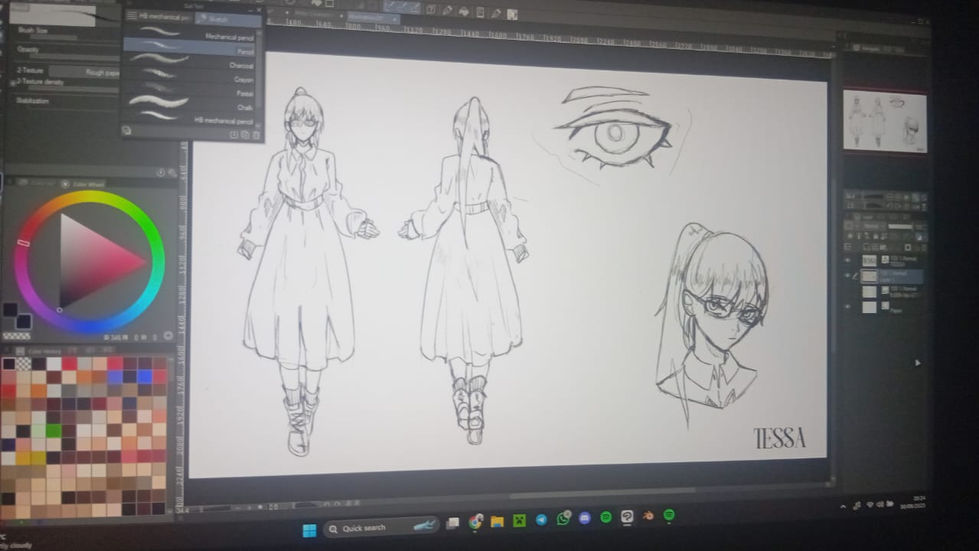 a computer screen shows a drawing of a girl with glasses