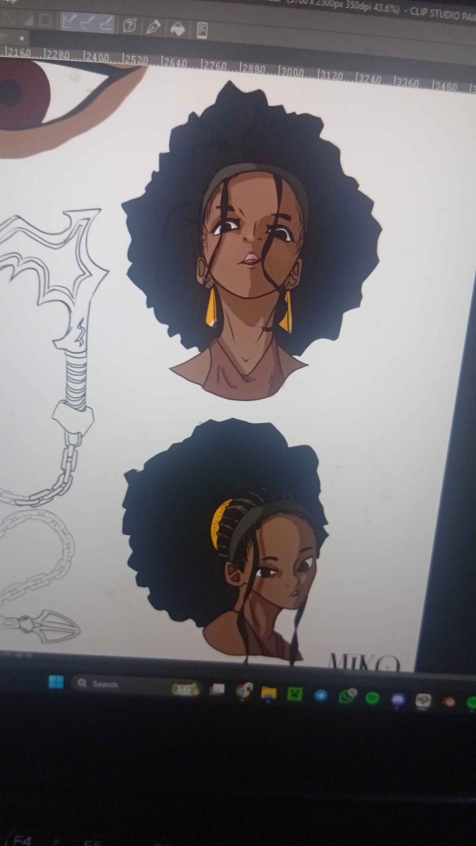 a drawing of a woman with dreadlocks and earrings