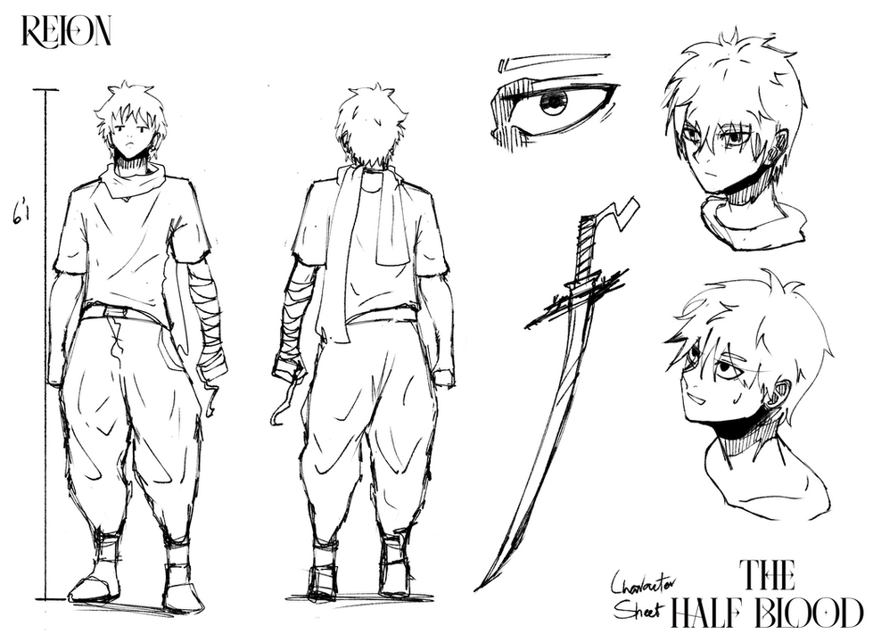 a black and white drawing of a character with the words character sheet half