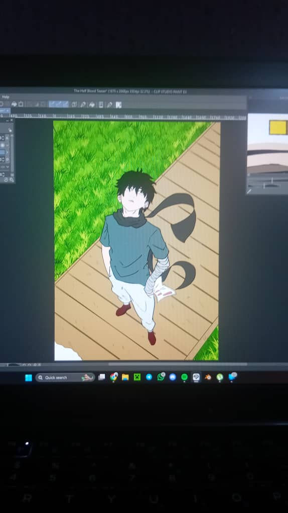 a computer screen shows a drawing of a man standing on a wooden walkway