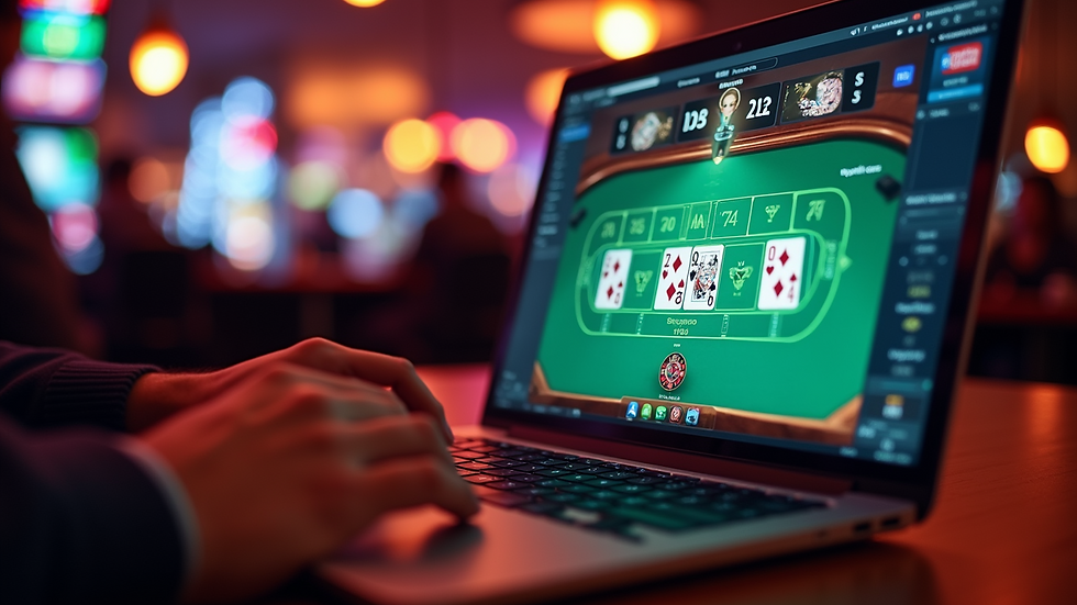 Eye-level view of a person playing online casino games on a laptop