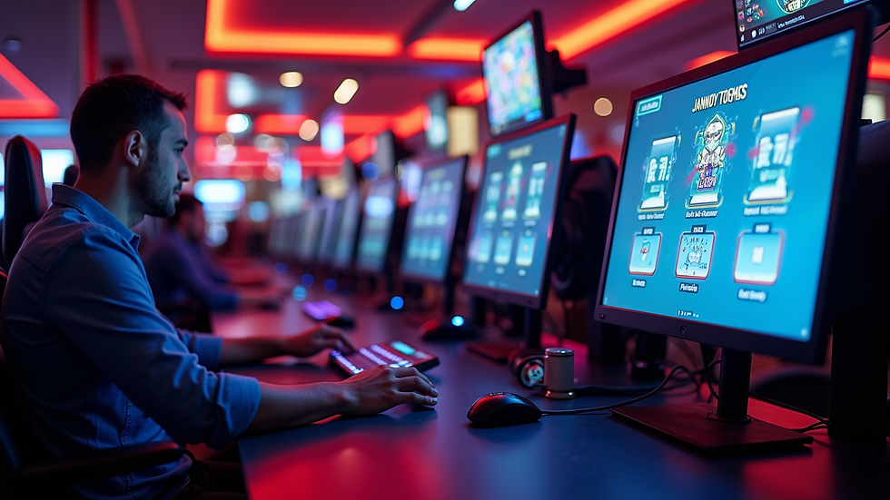 Eye-level view of a modern online casino setup with vibrant gaming screens