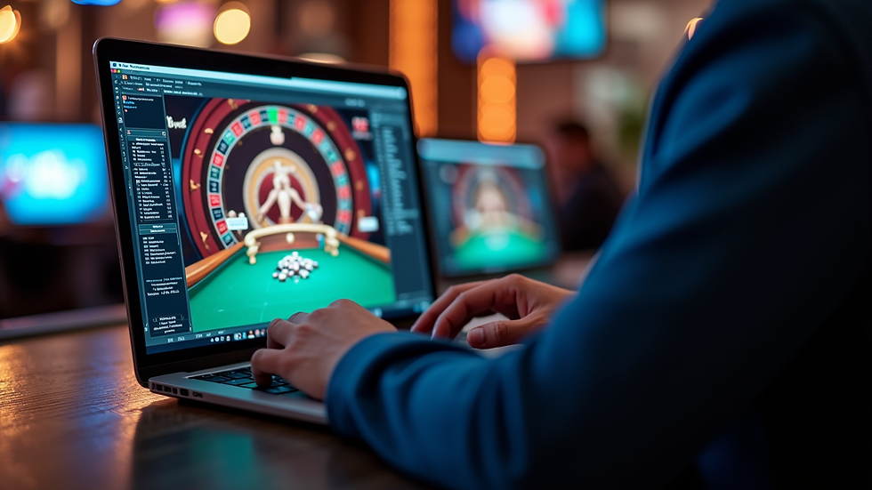Eye-level view of a person playing an online casino game on a laptop