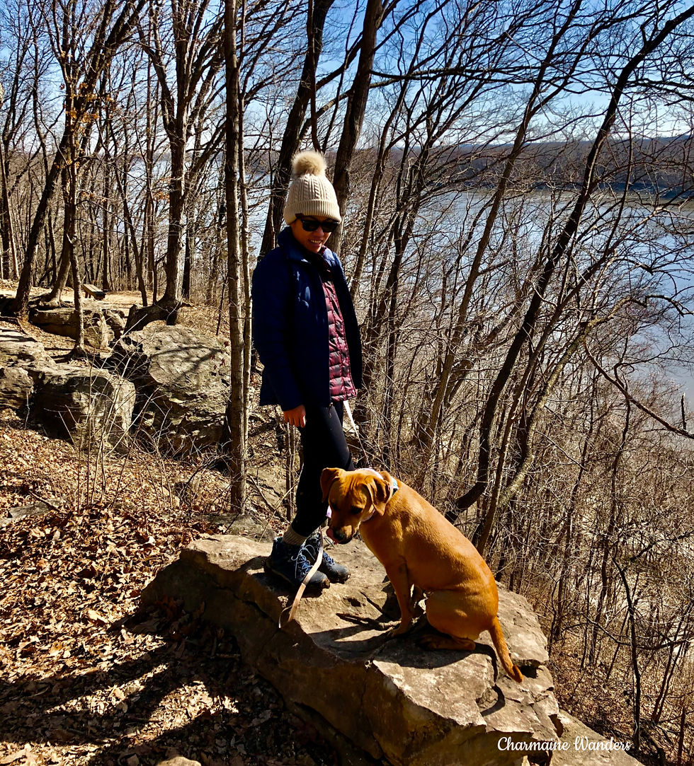 Charmaine in winter attire smiles, standing on a rock with a Georgia. Bare trees and a river in the sunny, leaf-covered forest background.