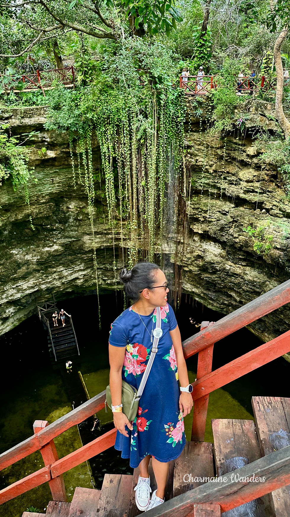 Charmaine in a floral dress stands on wooden stairs, overlooking a lush cenote with vines. People visible in the background and water below.