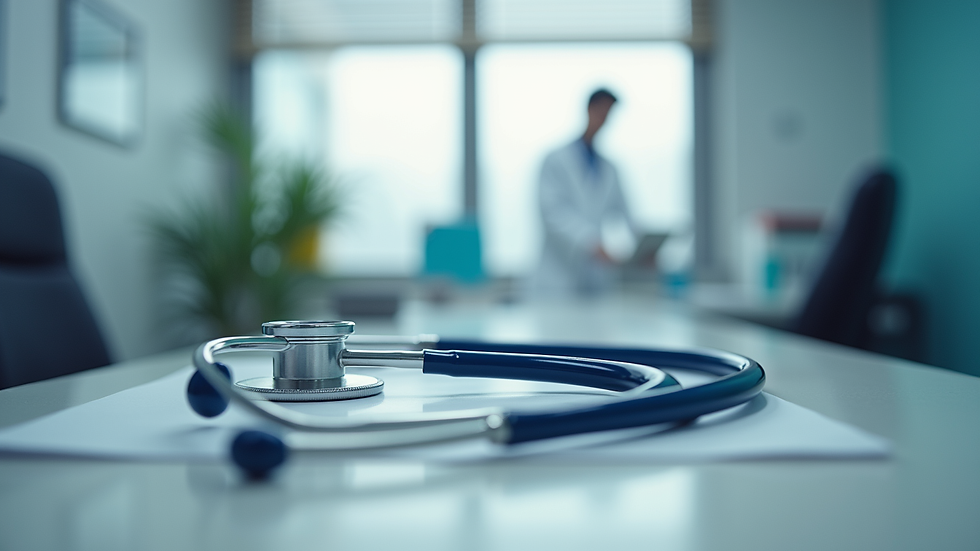 Eye-level view of a medical office with a stethoscope on a desk