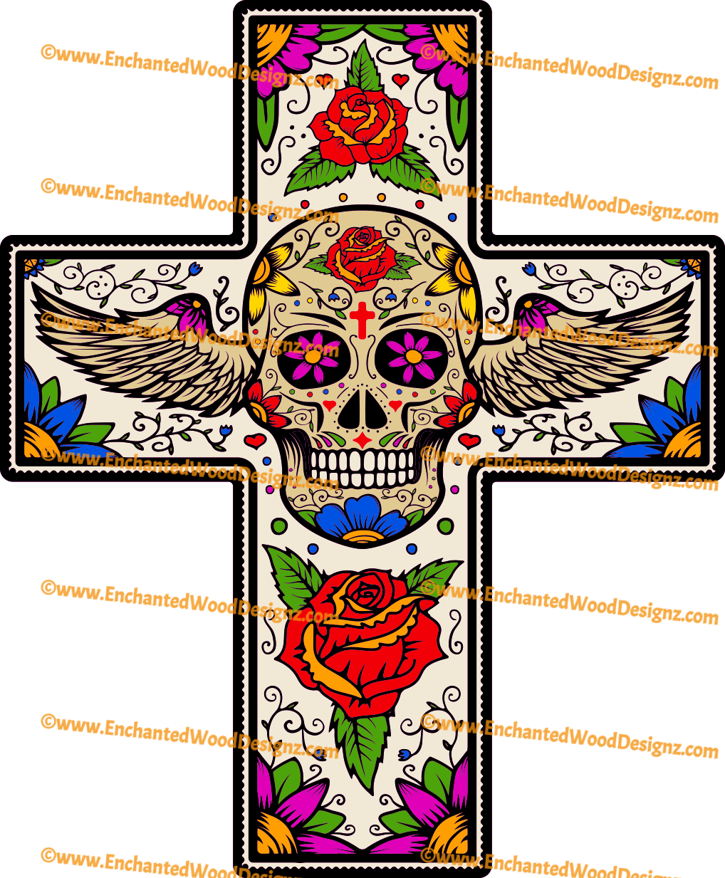 Cross Skull Wings Floral