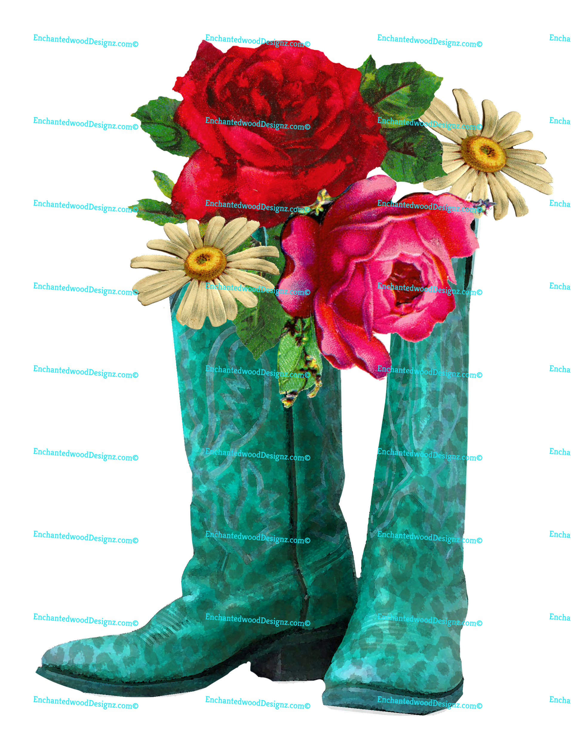 Teal Cheetah Floral Cowboy Boots