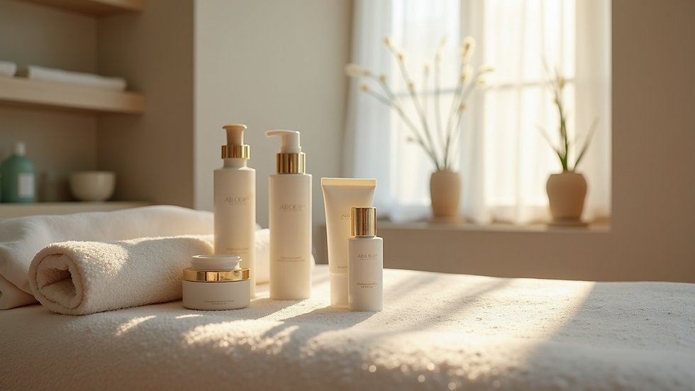 Eye-level view of a serene spa room with soft lighting and skincare products