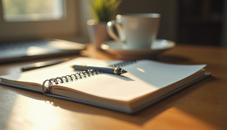 Eye-level view of a journal and pen on a wooden desk with morning light