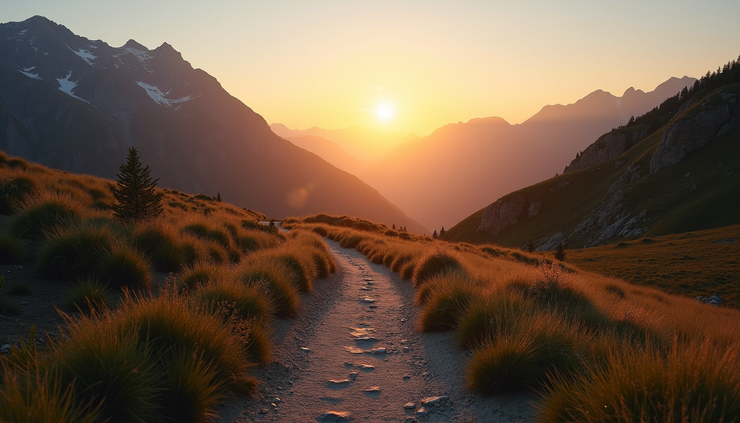 Eye-level view of a winding mountain trail leading towards a sunrise