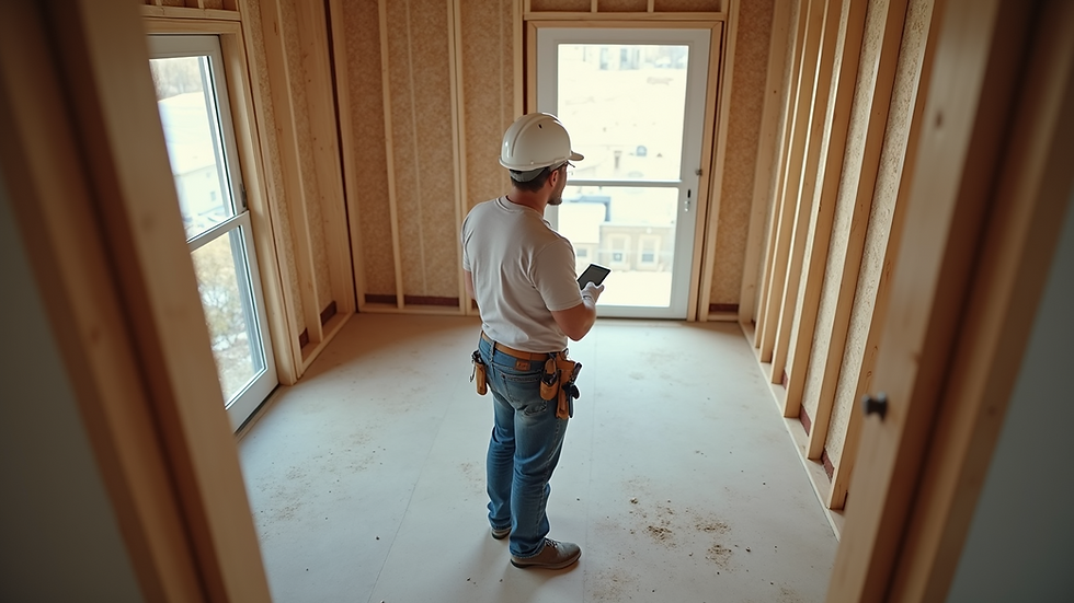 High angle view of a contractor inspecting a home renovation site