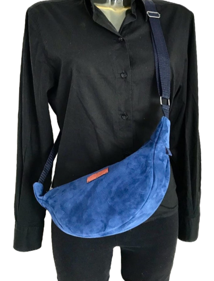 Miniatura: Borsa Mezzaluna in Vera Pelle Scamosciata Blu: Mini Tracolla Zip e Tasca Unisex