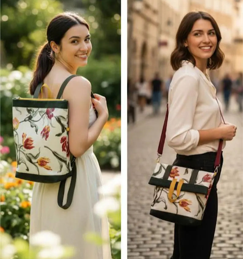 Zaino artigianale antifurto trasformabile in borsa in tessuto floreale e velluto