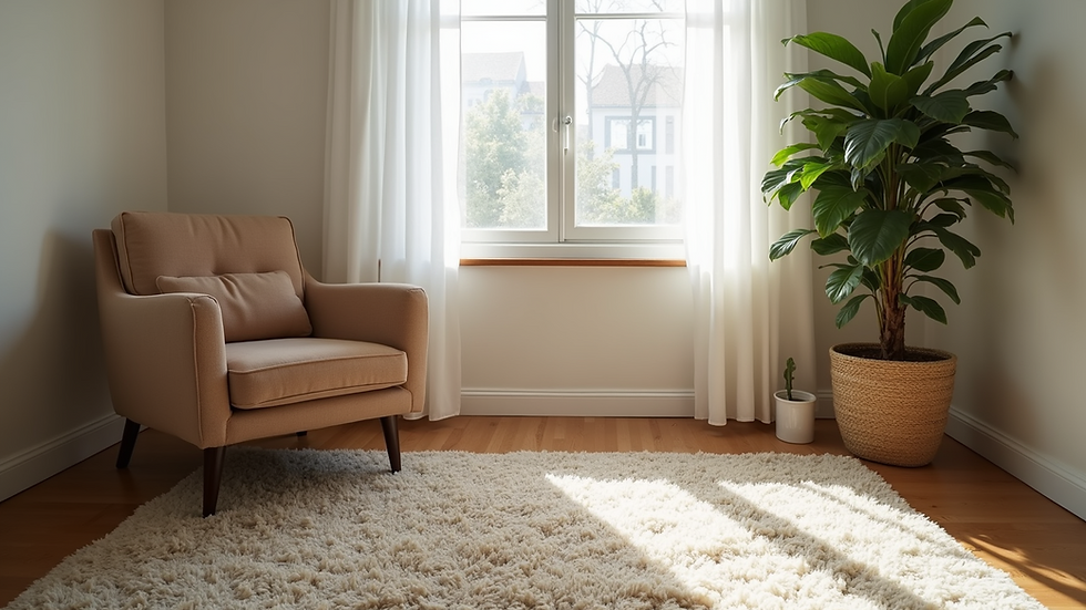 High angle view of a living room corner with a shaggy rug, armchair, and potted plant