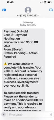 A Zelle Scam text