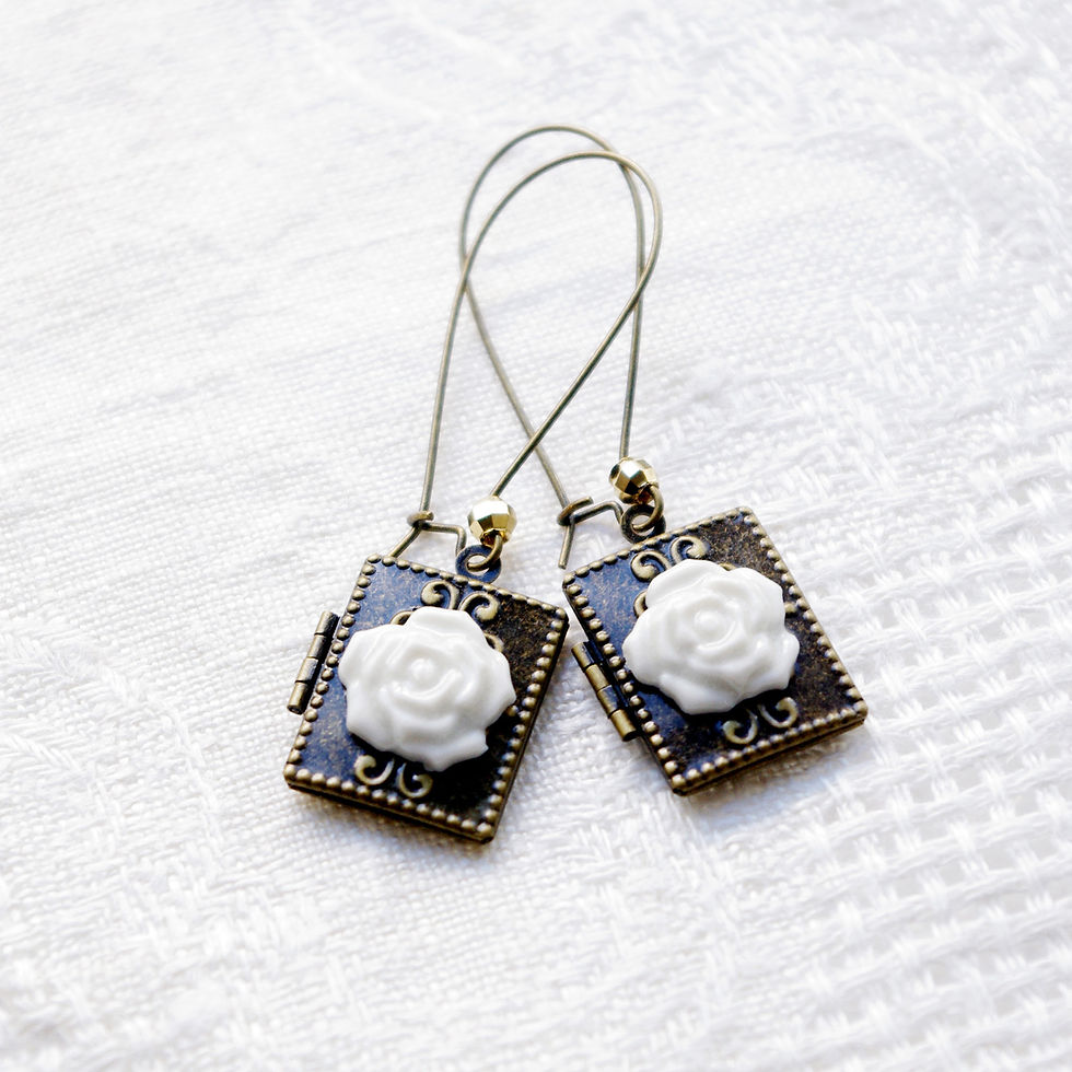 Thumbnail: Classic Porcelain Rose on Vintage Book Locket Earrings