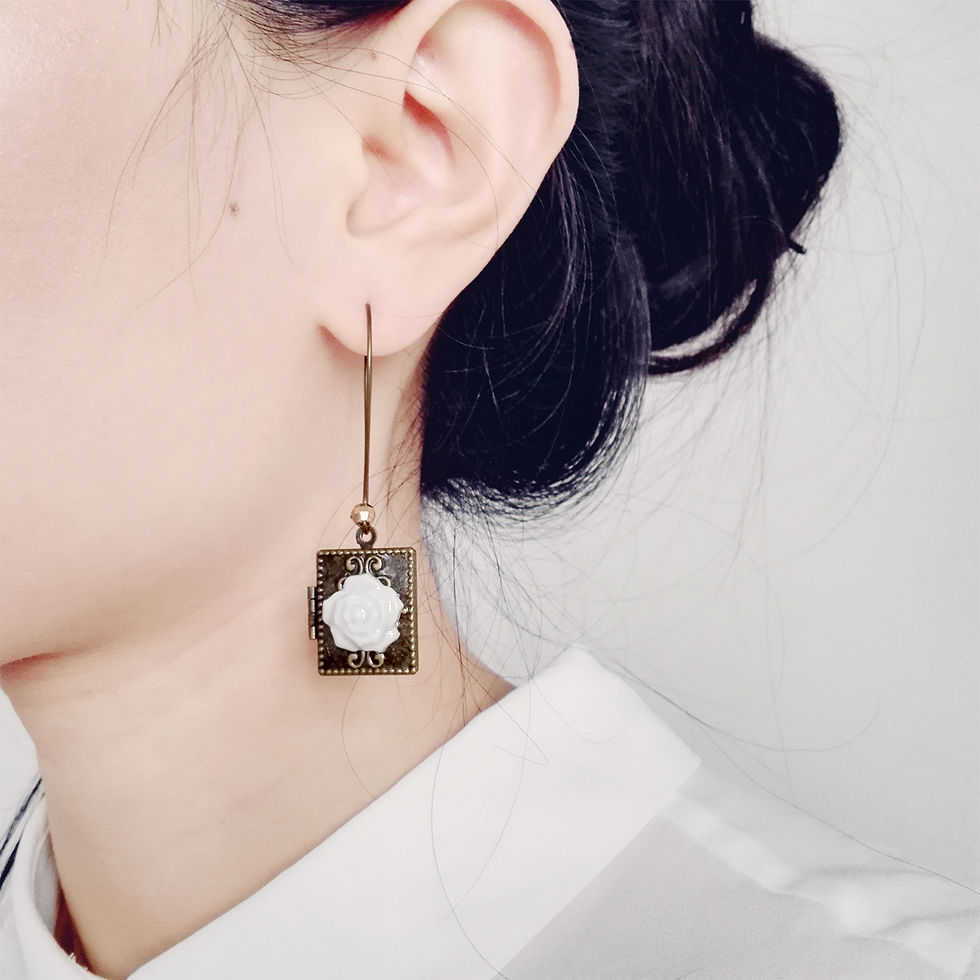 Thumbnail: Classic Porcelain Rose on Vintage Book Locket Earrings