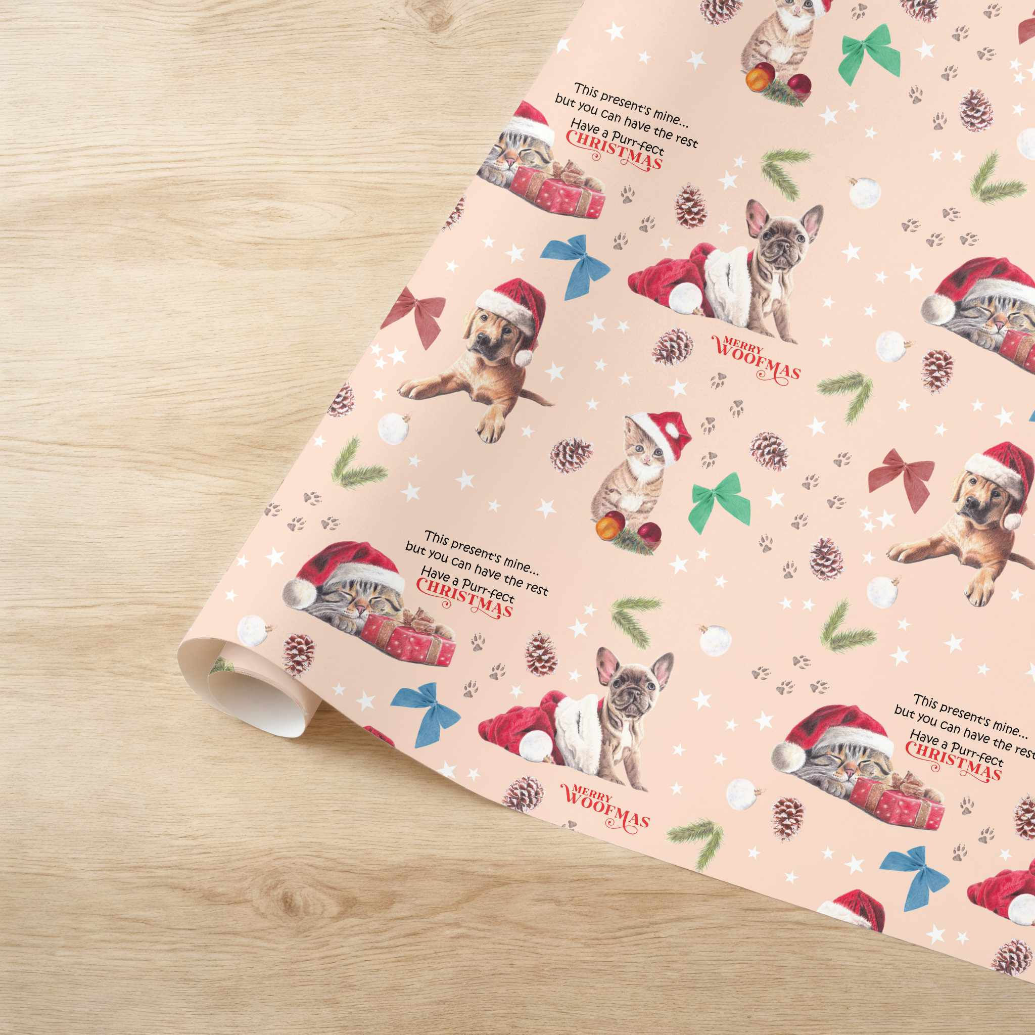 Rolled Christmas Puppies & Kittens Wrapping Paper, Eco Friendly