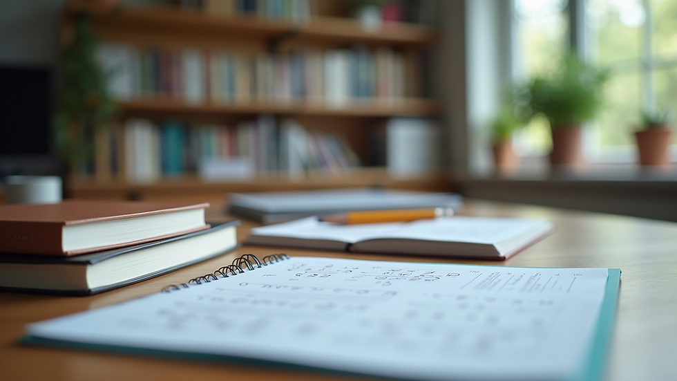 Eye-level view of a tidy study desk with maths and English books