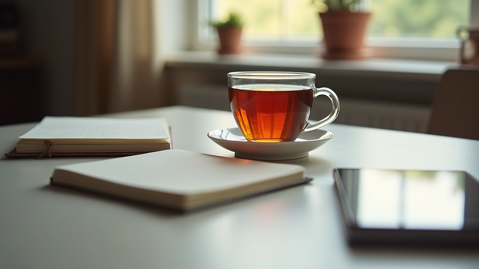 Close-up of a calm study space with a cup of tea and a notebook