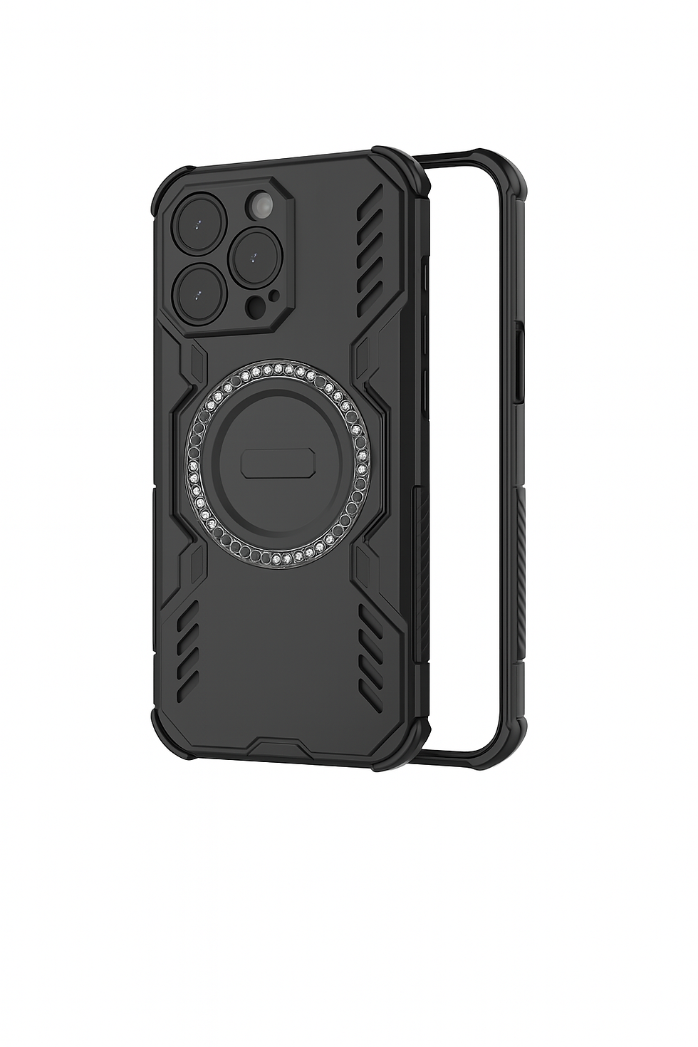כיסוי קשיח שחור עם טבעת אחיזה ל-Samsung Galaxy S25 Edge כולל מגן מצלמה ועיצוב משוריין