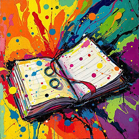 An abstract expressionist painting featuring a vibrant journal, with colorful splashes and