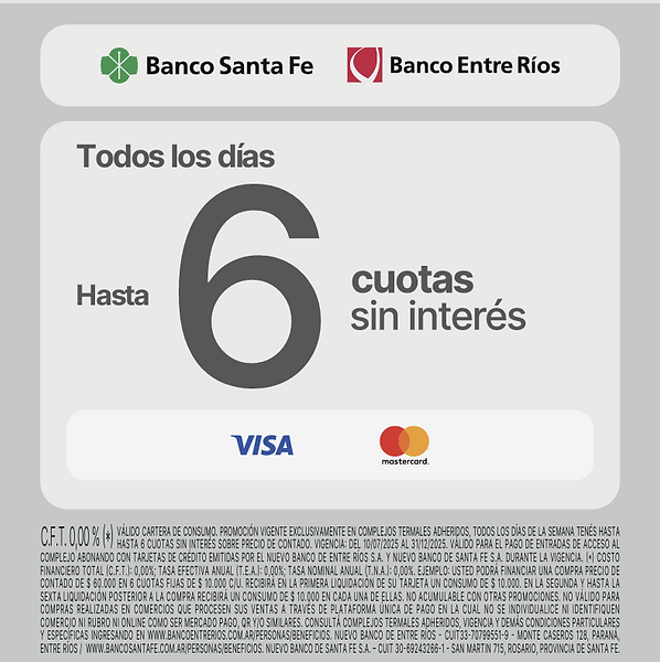 Todos los días podés disfrutar Termas del Guaychú y abonar en hasta 6 cuotas sin interés con tus tarjetas de crédito Visa y Mastercard emitidas por Banco Santa Fe y Banco Entre Ríos.
La promoción aplica para la compra de entradas, alojamiento y servicios dentro del complejo. Financiá tu descanso y bienestar sin costo financiero, y aprovechá esta facilidad durante todo el año 2025.