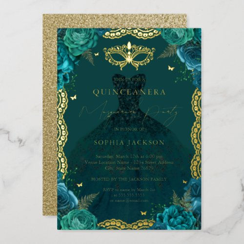 Big Deals! Masquerade Party Teal Floral Dress Quinceanera Foil Invitation