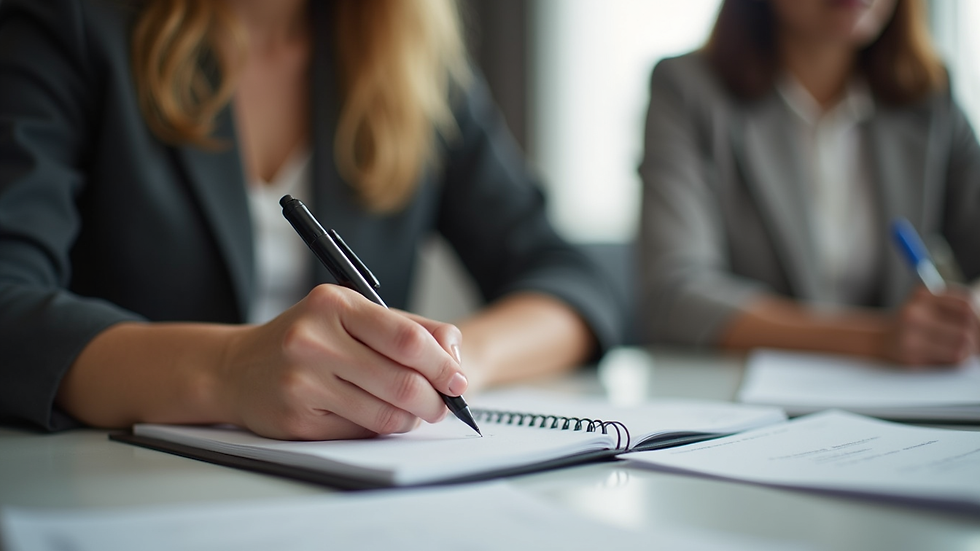 Close-up view of a woman writing notes during a leadership workshop