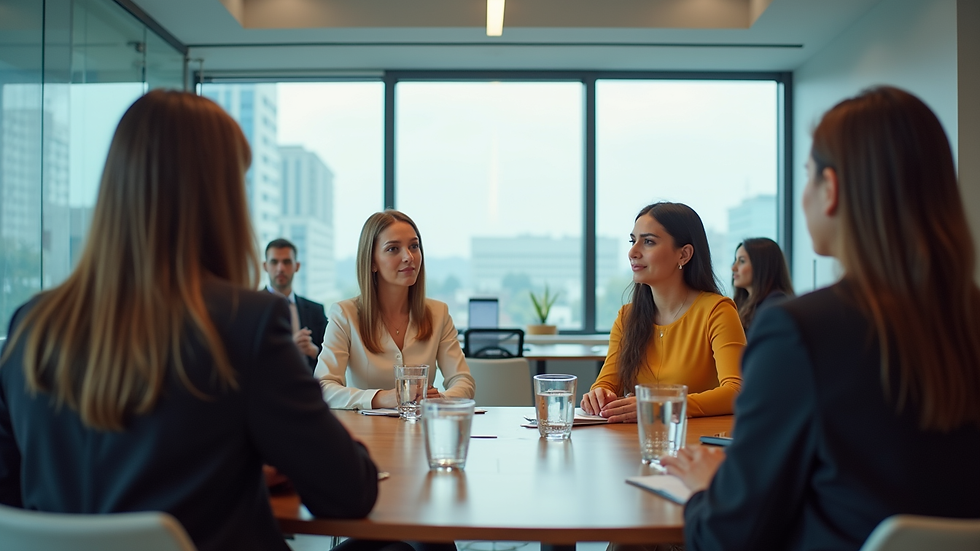 Vista a nivel de ojo de una sala de reuniones moderna con mujeres ejecutivas en discusión