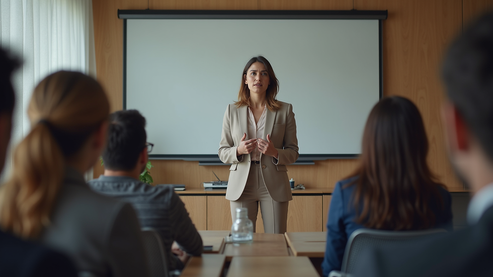 Plano medio de una mujer líder presentando un proyecto en una sala de conferencias