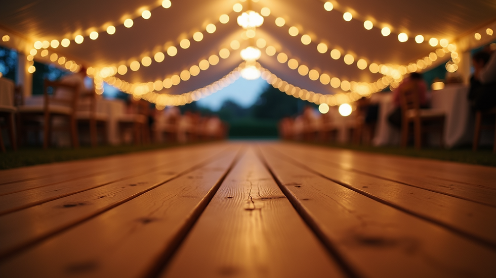 Close-up view of a wedding tent setup with string lights and wooden flooring