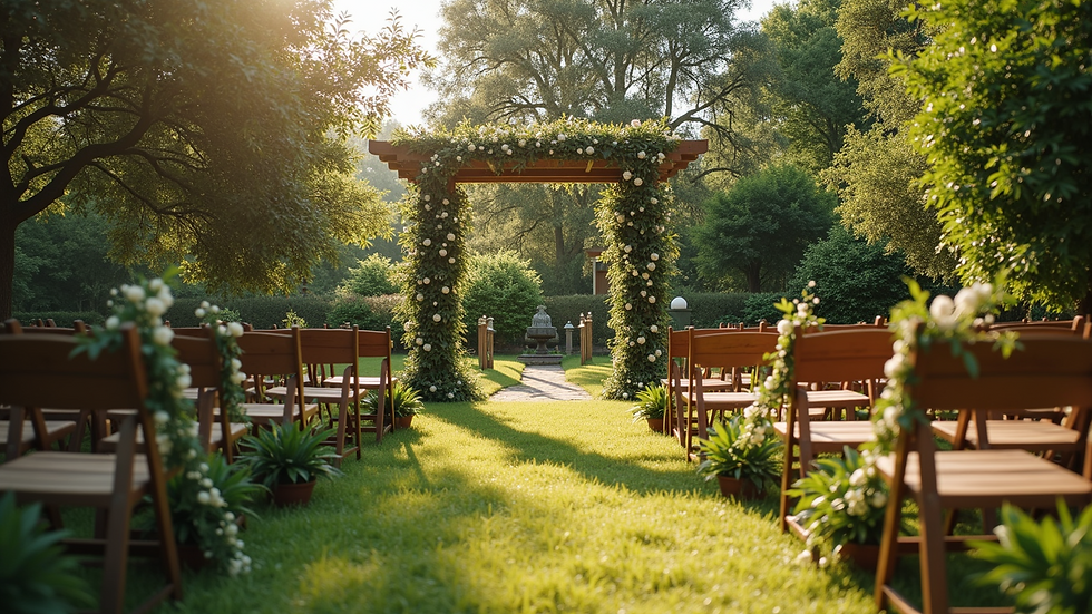 Wide angle view of a rustic wooden chuppah set up in an outdoor garden