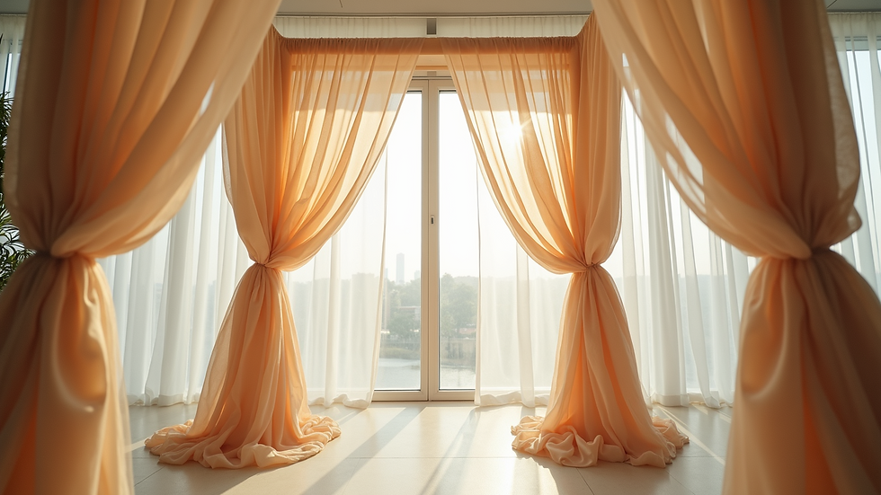 Close-up view of a luxurious draped chuppah with soft lighting