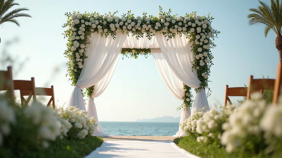 Eye-level view of a beautifully decorated chuppah with white fabric and greenery