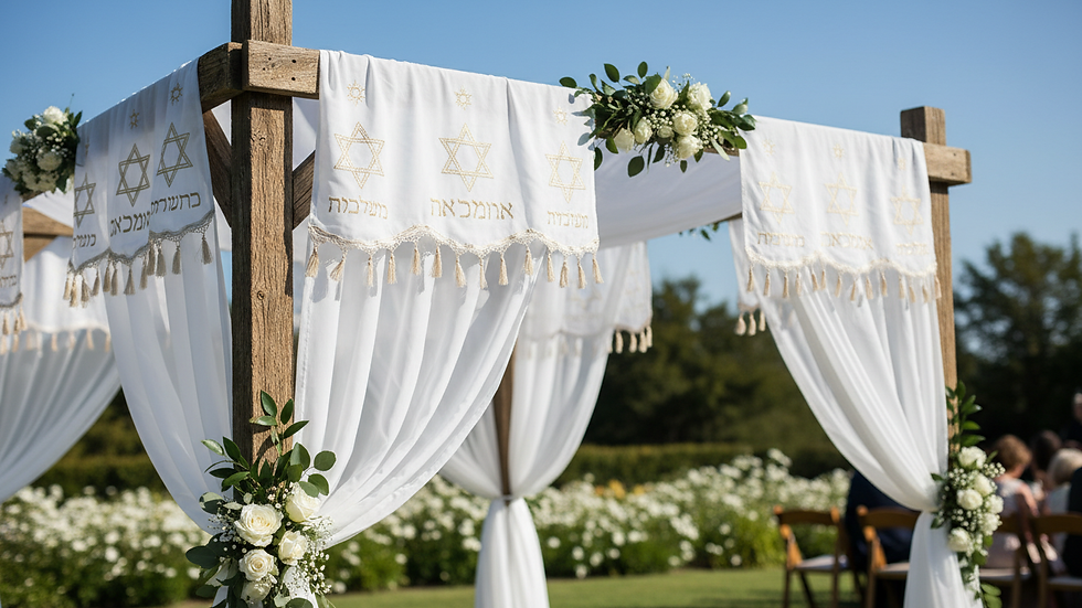 Close-up view of a wooden frame Jewish wedding canopy with white fabric draping