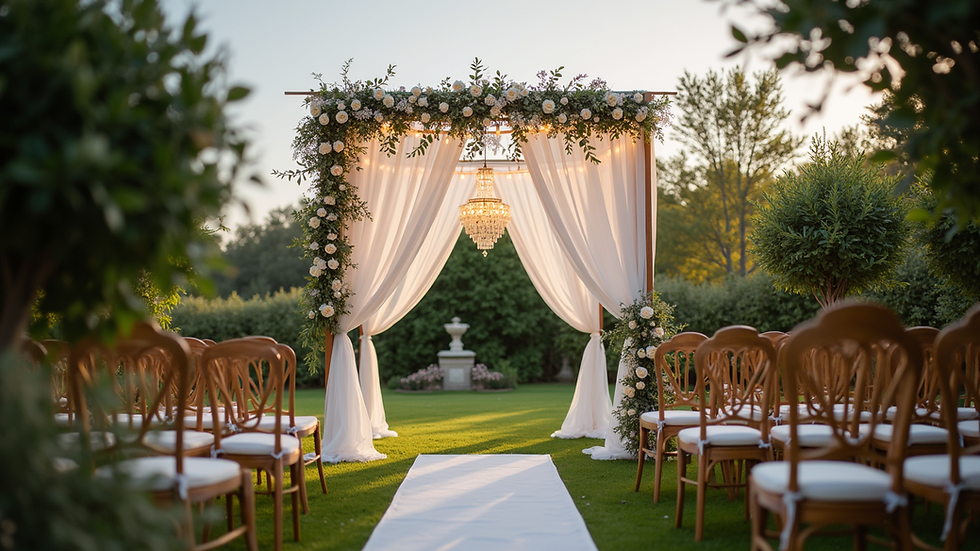Eye-level view of a white wedding canopy decorated with string lights in a garden